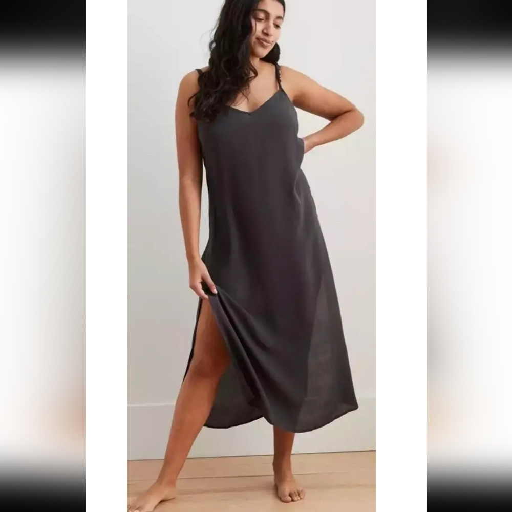 Aerie Gauze Midi Slip Dress Dark Gray Lightweight Beach Medium